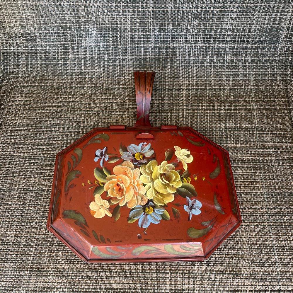 Vintage Hand-Painted Floral Design maroon Toleware Silent Butler Crumb Catcher
